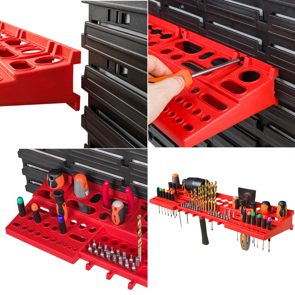 Työkaluseinä metallia 156x72 cm Säilytysjärjestelmä, jossa on työkalunpitimet Työkalukoukut ja 7 pinoamislaatikkoa 120 x 200 x 90 mm Väri: musta Rei'itetty levy Työpaja Autotalli Kiinnitystaulu Sähköt hinta ja tiedot | Työkalupakit ja muu työkalujen säilytys | hobbyhall.fi