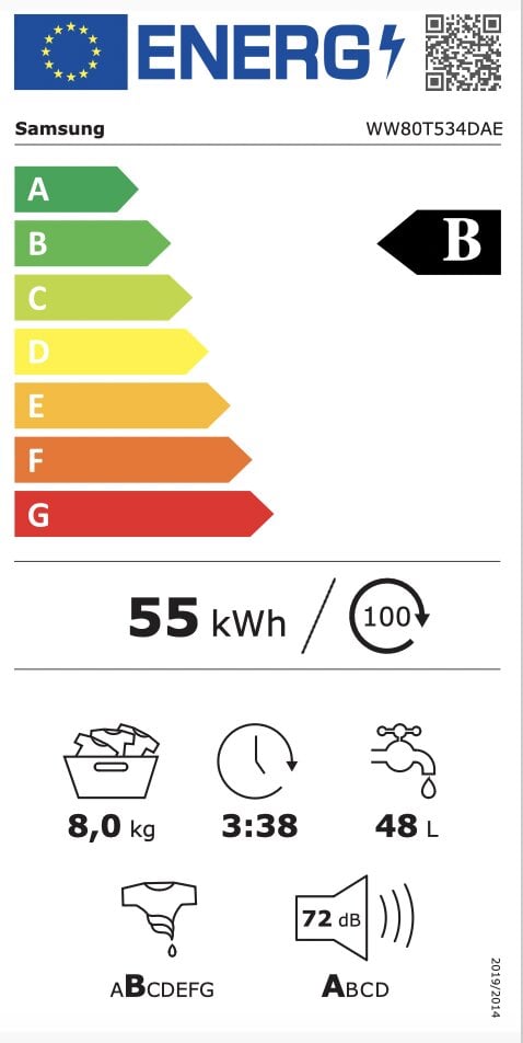 Edestä täytettävä pyykinpesukone Samsung WW80T534DAE/S7, 8 kg 1400 k/min hinta ja tiedot | Pyykinpesukoneet | hobbyhall.fi