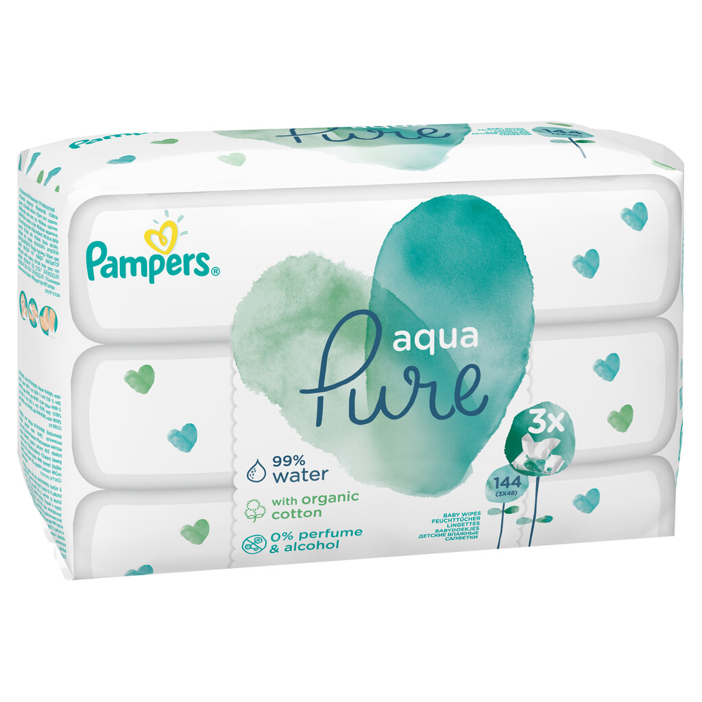 PAMPERS Aqua Pure -puhdistusliinat, 3 x 48 kpl hinta ja tiedot | Vauvojen kosteuspyyhkeet | hobbyhall.fi