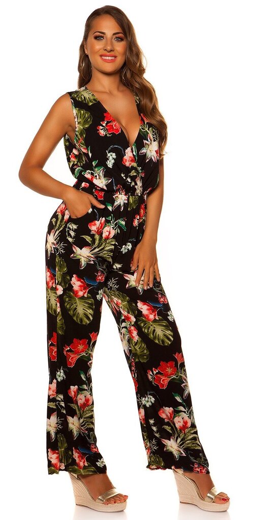 Musta kukkakuvioinen v-jumpsuit [LÖYTÖ] - RM-R824-1-LXL hinta ja tiedot | Naisten haalarit | hobbyhall.fi