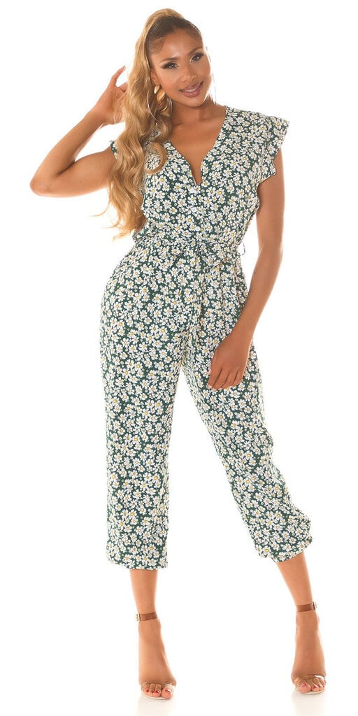 Vihreä auringonkukkakuvioinen jumpsuit vyöllä - RM-OV6136-1-LXL hinta ja tiedot | Naisten haalarit | hobbyhall.fi