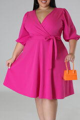 Pinkki wrap-look v-skater-mekko vyöllä (plus size) - PL61714-6-3XL hinta ja tiedot | Mekot | hobbyhall.fi