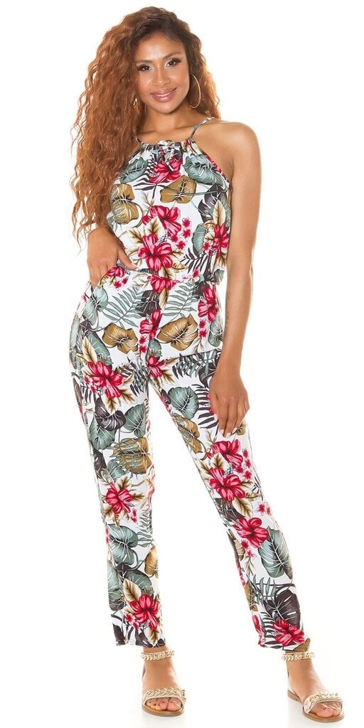 Valkoinen kukka- ja lehtikuvioinen jumpsuit - RM-OV83-2-LXL hinta ja tiedot | Naisten haalarit | hobbyhall.fi