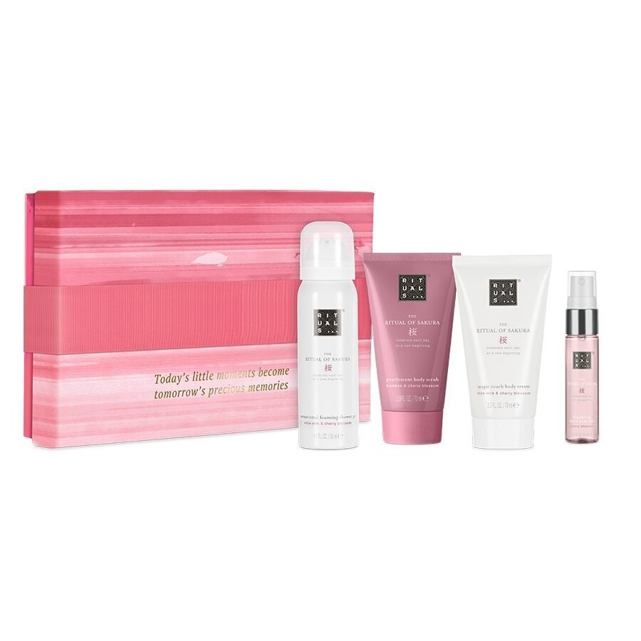 Kosmetiikkasetti Rituals Ritual of Sakura: pesuvaahto 50 ml + vartalokuorinta, 70 ml + hius- ja vartalovoide 70 ml ja hius- ja vartalovoide 20 ml hinta ja tiedot | Vartalokuorinnat | hobbyhall.fi