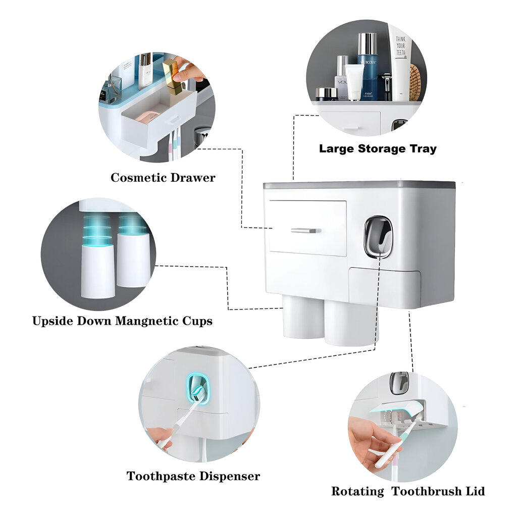 Seinälle kiinnitettävä 3-in-1 kylpyhuonejärjestäjä LIVMAN, jossa on 4 kuppia, hammasharjapidike ja hammastahna-annostelija hinta ja tiedot | Kylpyhuoneen sisustus | hobbyhall.fi