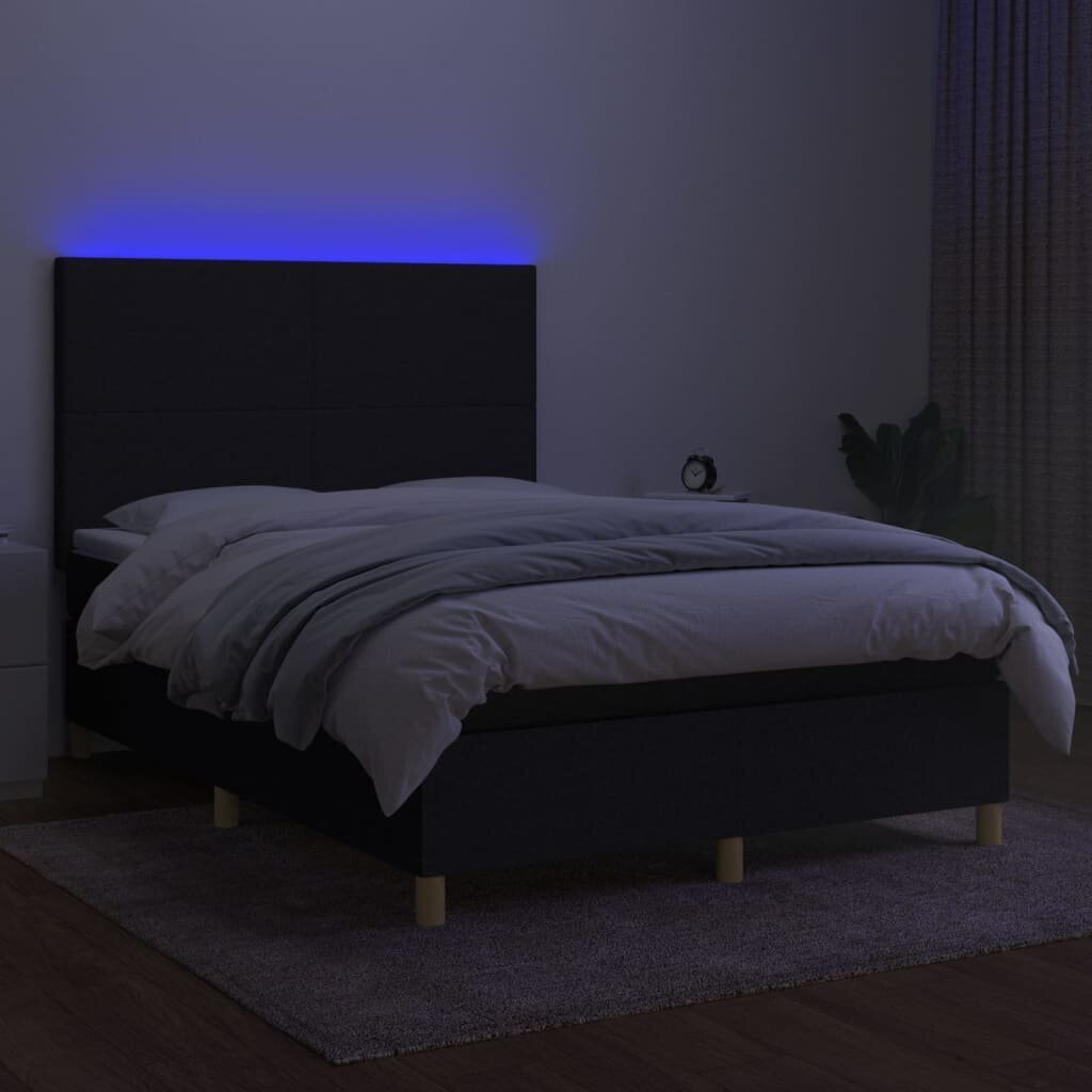 vidaXL Sänky jousilla/patjalla/LED, musta, 140x190 cm, kangas hinta ja tiedot | Sängyt | hobbyhall.fi