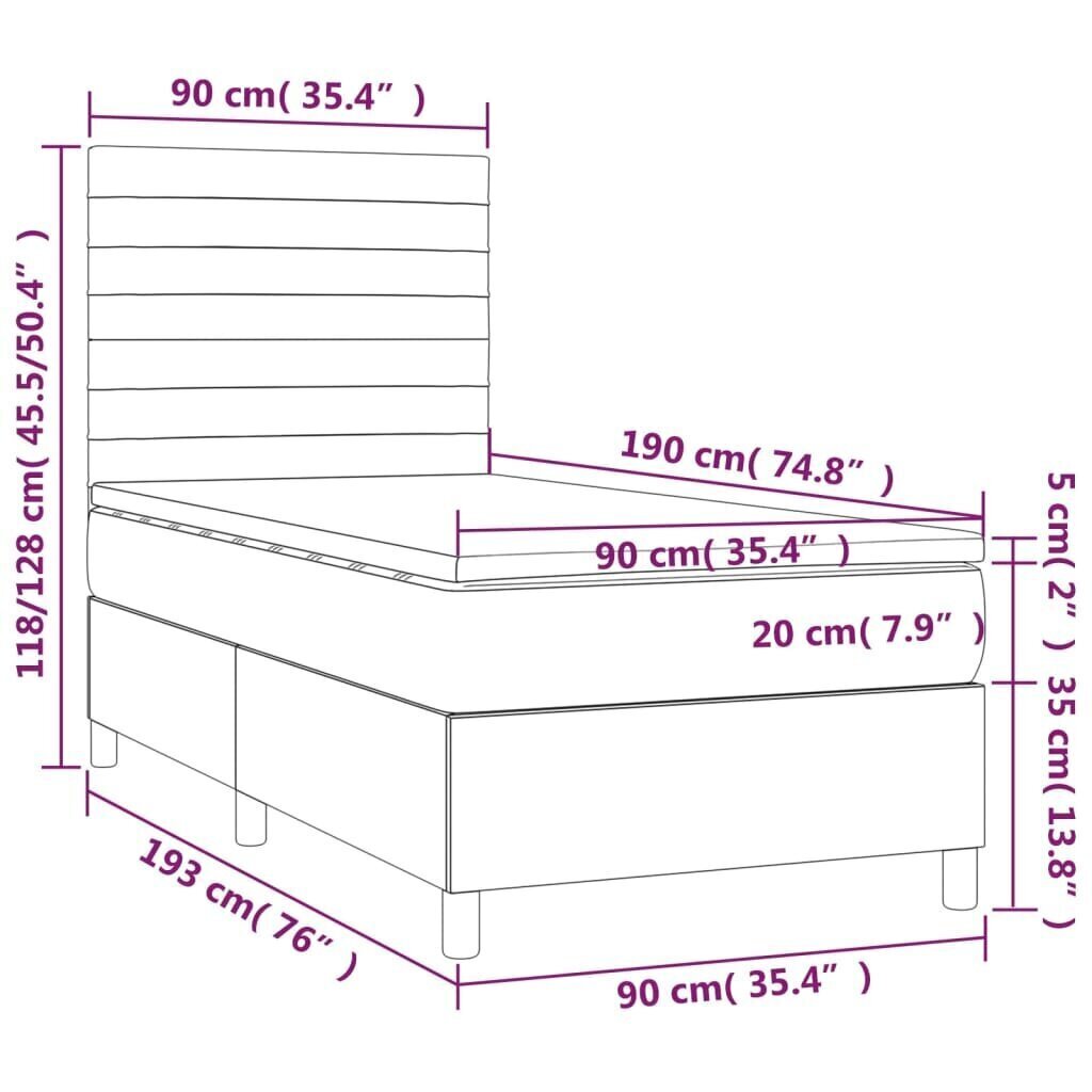 Sänky jousilla ja patjalla vidaXL, tummanharmaa, 90x190 cm, kangas hinta ja tiedot | Sängyt | hobbyhall.fi