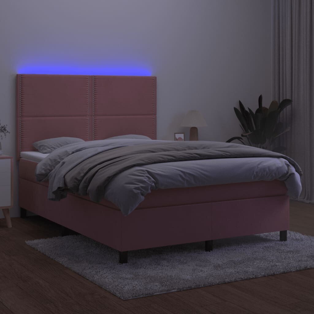 vidaXL Sänky jousilla/patjalla/LED, pinkki, 140x190cm, sametti hinta ja tiedot | Sängyt | hobbyhall.fi