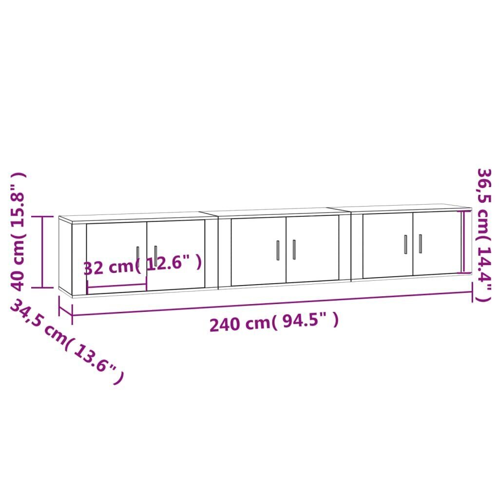 vidaXL Seinäkiinnitettävät TV-kaapit 3 kpl harmaa Sonoma 80x34,5x40 cm hinta ja tiedot | TV-tasot | hobbyhall.fi