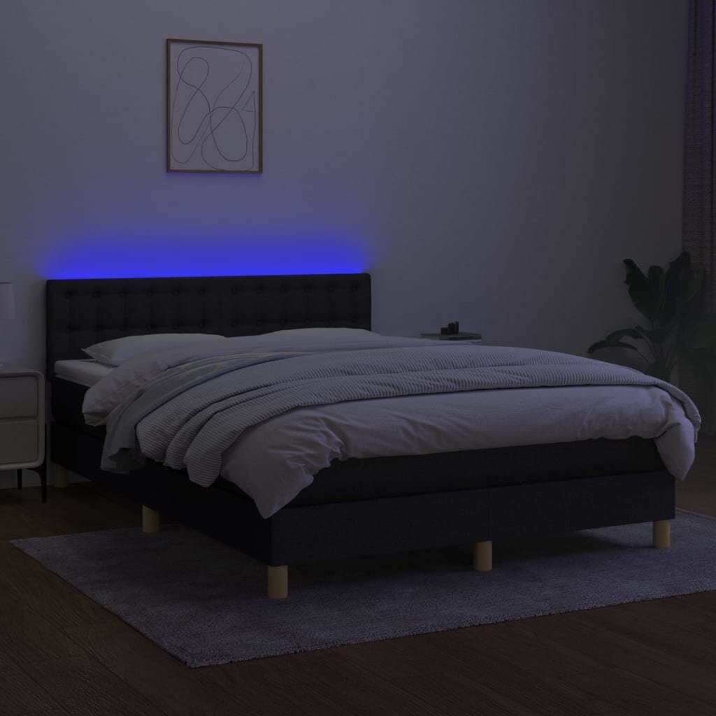 vidaXL Sänky jousilla/patjalla/LED, musta, 140x190 cm, kangas hinta ja tiedot | Sängyt | hobbyhall.fi