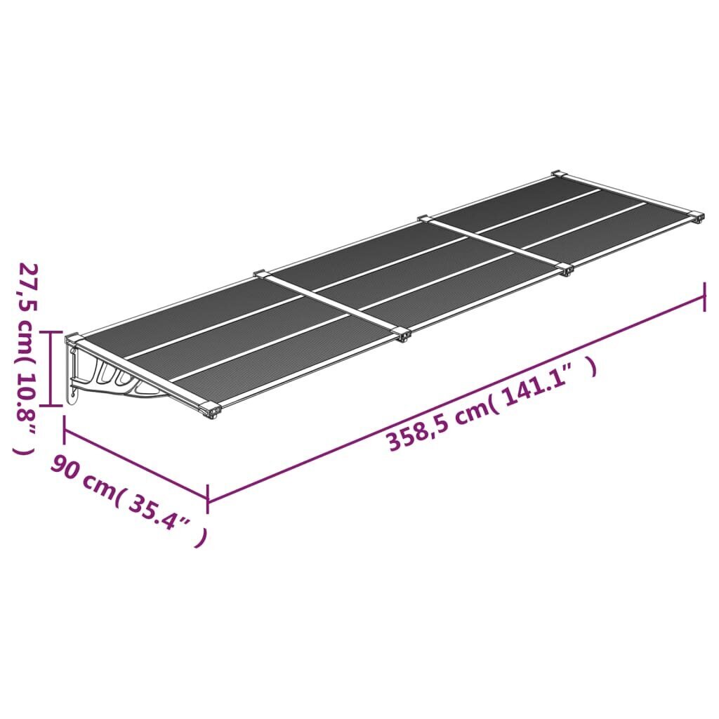 vidaXL Ovikatos musta ja läpinäkyvä 358,5x90 cm polykarbonaatti hinta ja tiedot | Aurinkovarjot ja markiisit | hobbyhall.fi