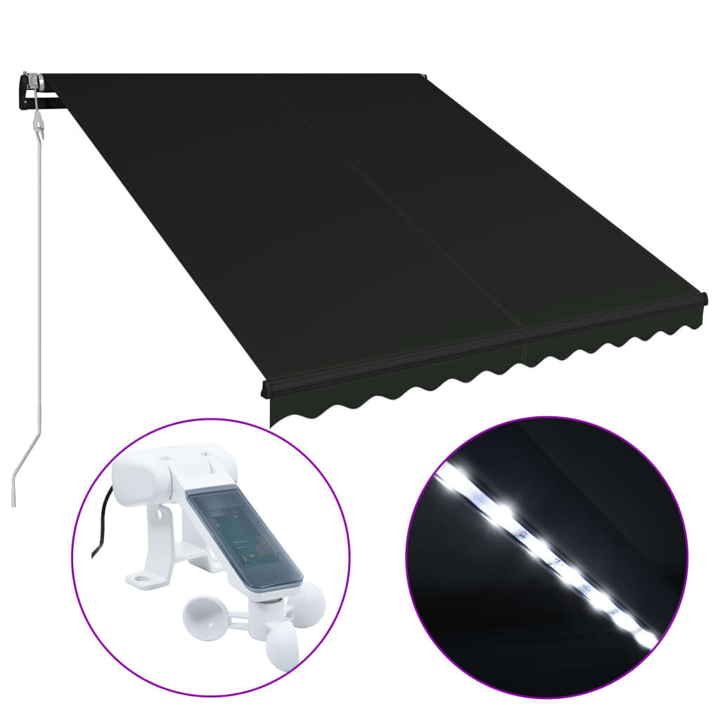 vidaXL Sisäänkelattava markiisi tuulisensori ja LED 300x250cm antras. hinta ja tiedot | Aurinkovarjot ja markiisit | hobbyhall.fi