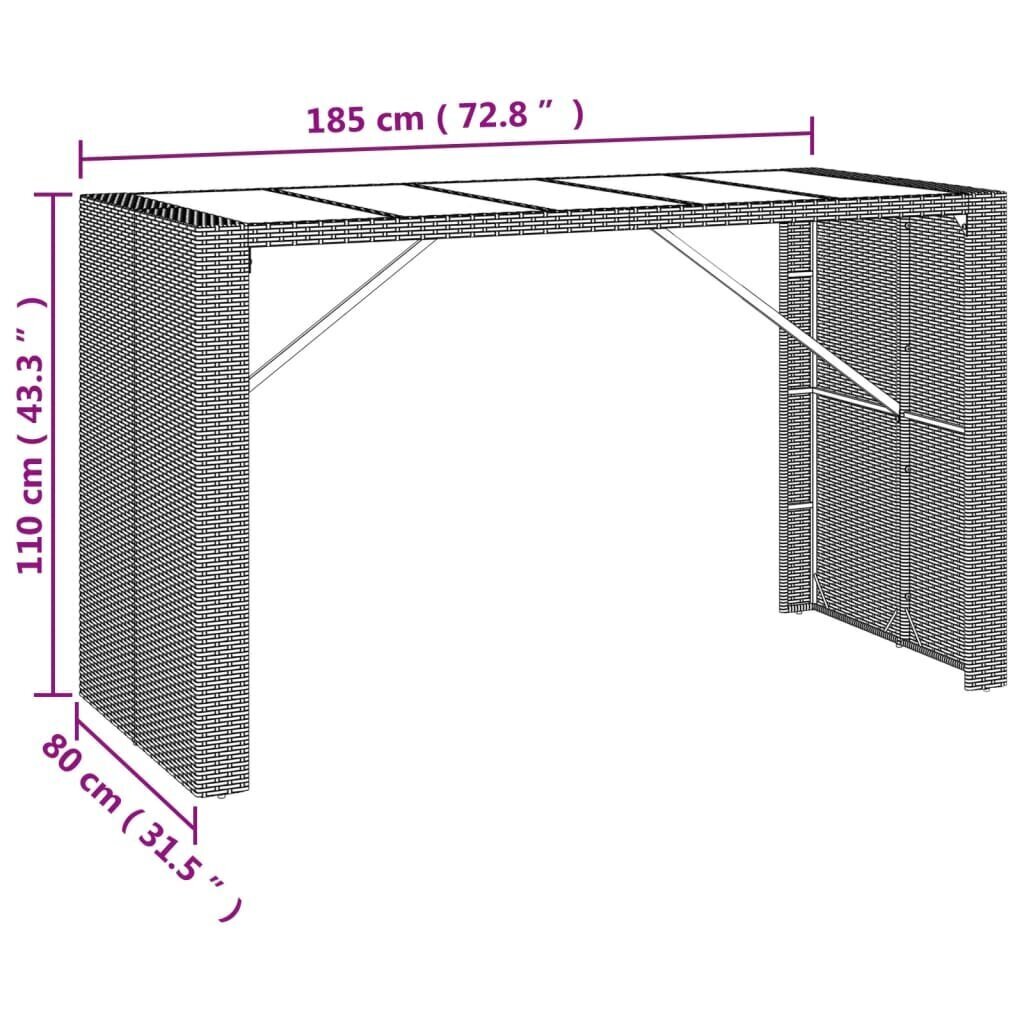 vidaXL Baaripöytä lasipöytälevyllä ruskea 185x80x110 cm polyrottinki hinta ja tiedot | Puutarhapöydät | hobbyhall.fi