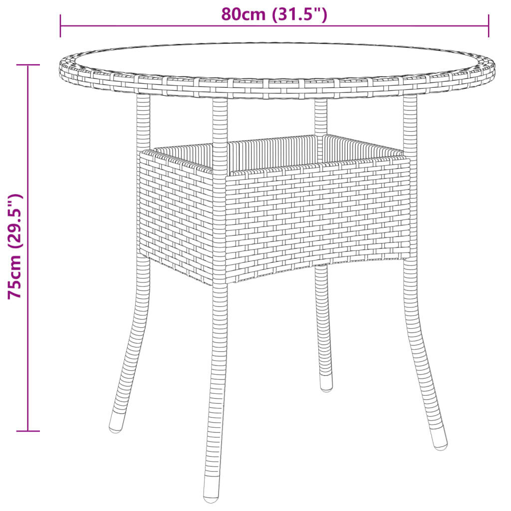 vidaXL Puutarhapöytä Ø80x75 cm karkaistu lasi ja polyrottinki musta hinta ja tiedot | Puutarhapöydät | hobbyhall.fi