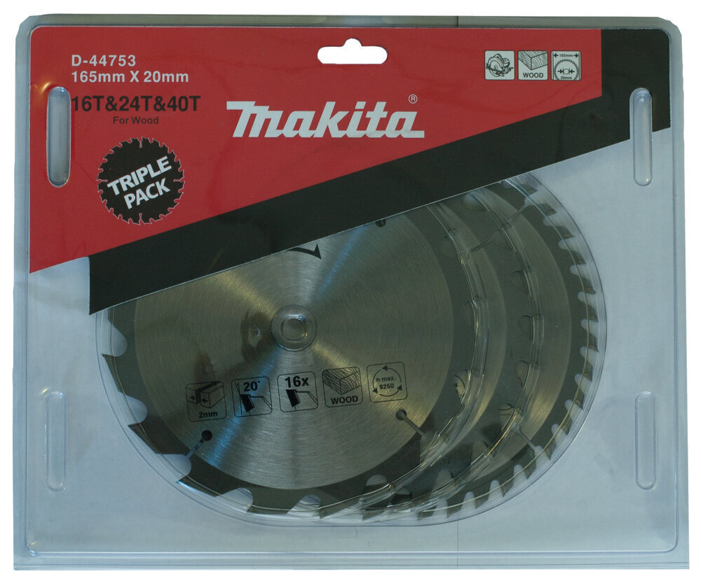 Makita D-44753 -pyörösahanterät, 165 x 20 mm (16T + 24T + 40T) hinta ja tiedot | Puutarhatyökalujen tarvikkeet | hobbyhall.fi