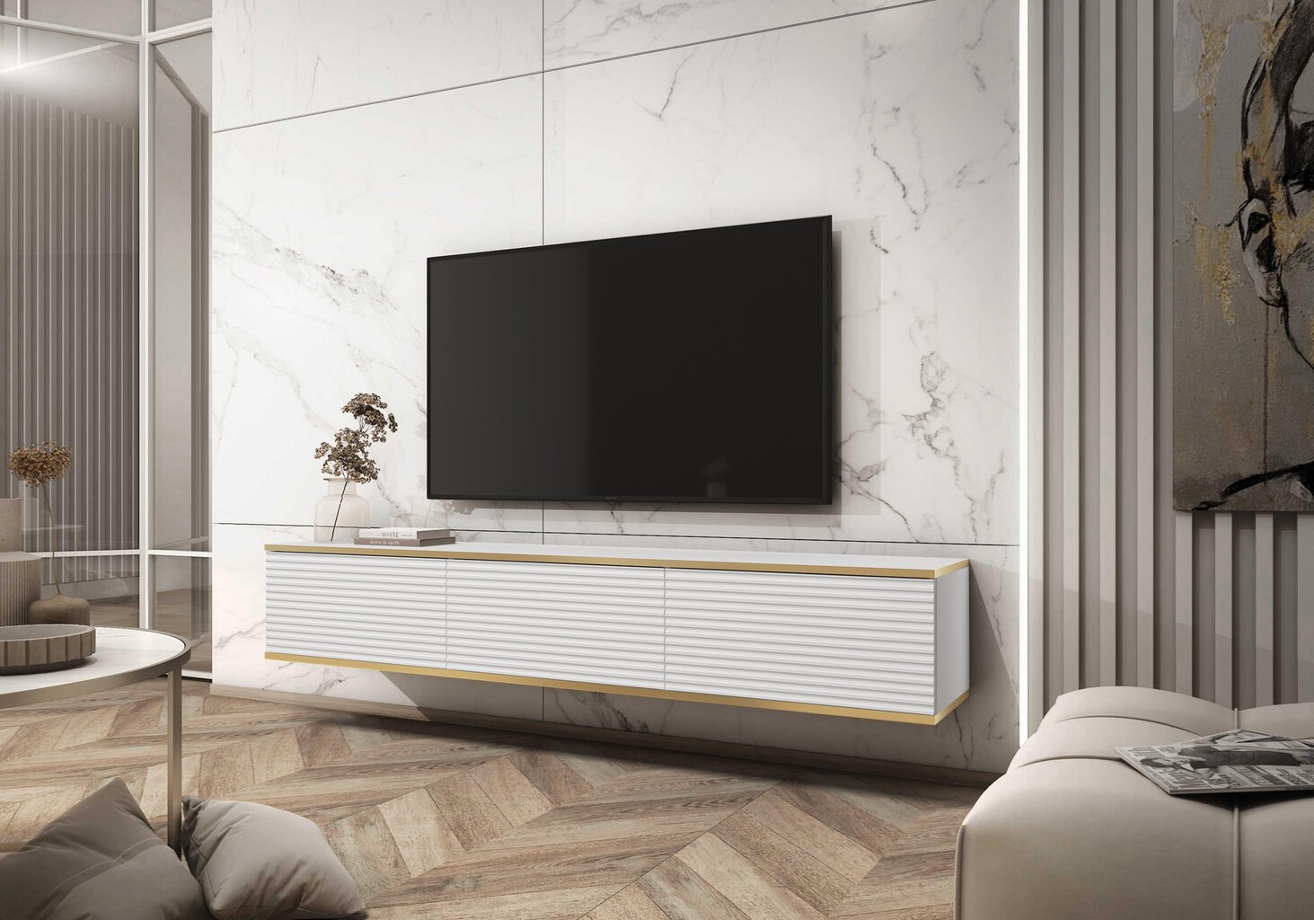 Tv-taso Oro Mdf FURNLUX CLASSIC, 175x32x30 cm, valkoinen hinta ja tiedot | TV-tasot | hobbyhall.fi