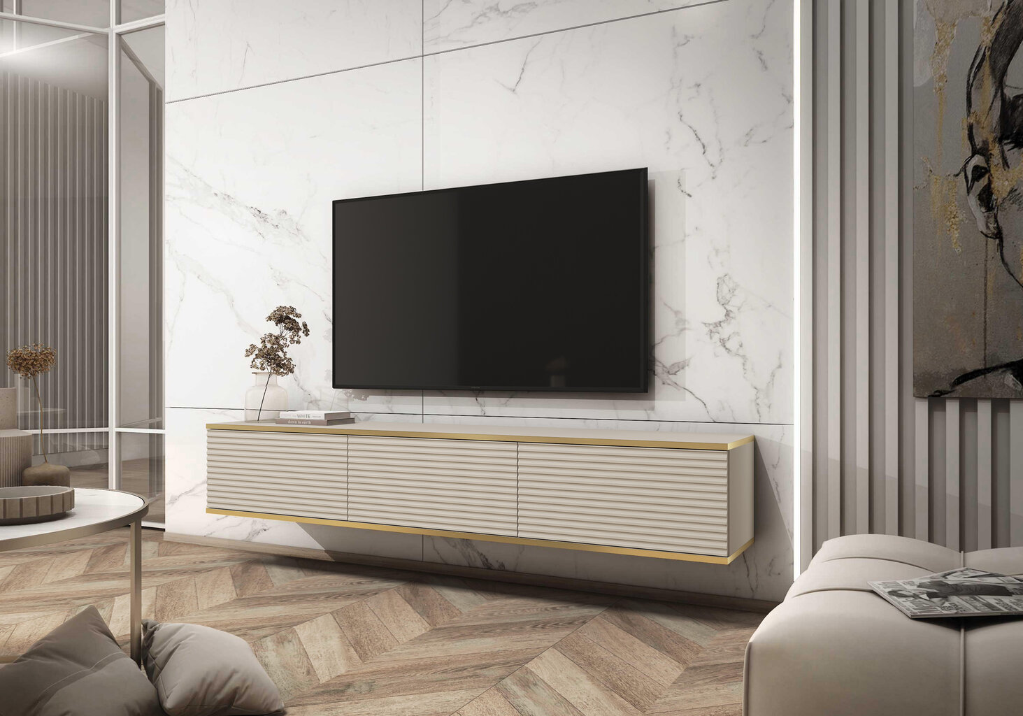 Tv-taso Oro Mdf FURNLUX CLASSIC, 175x32x30 cm, beige hinta ja tiedot | TV-tasot | hobbyhall.fi