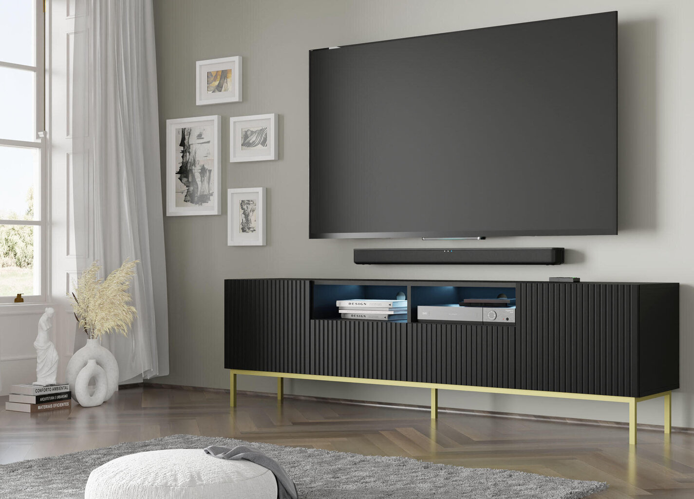 Tv-taso Ravenna Bck FURNLUX CLASSIC, 200x42x58 cm, musta hinta ja tiedot | TV-tasot | hobbyhall.fi