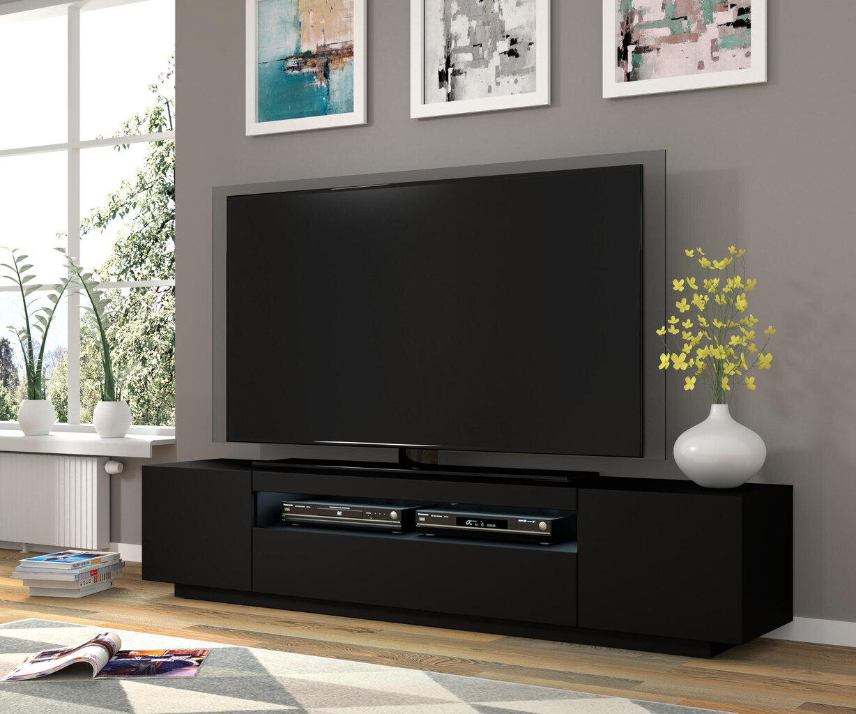 Tv-taso Aura FURNLUX CLASSIC, 200x37x42 cm, musta hinta ja tiedot | TV-tasot | hobbyhall.fi