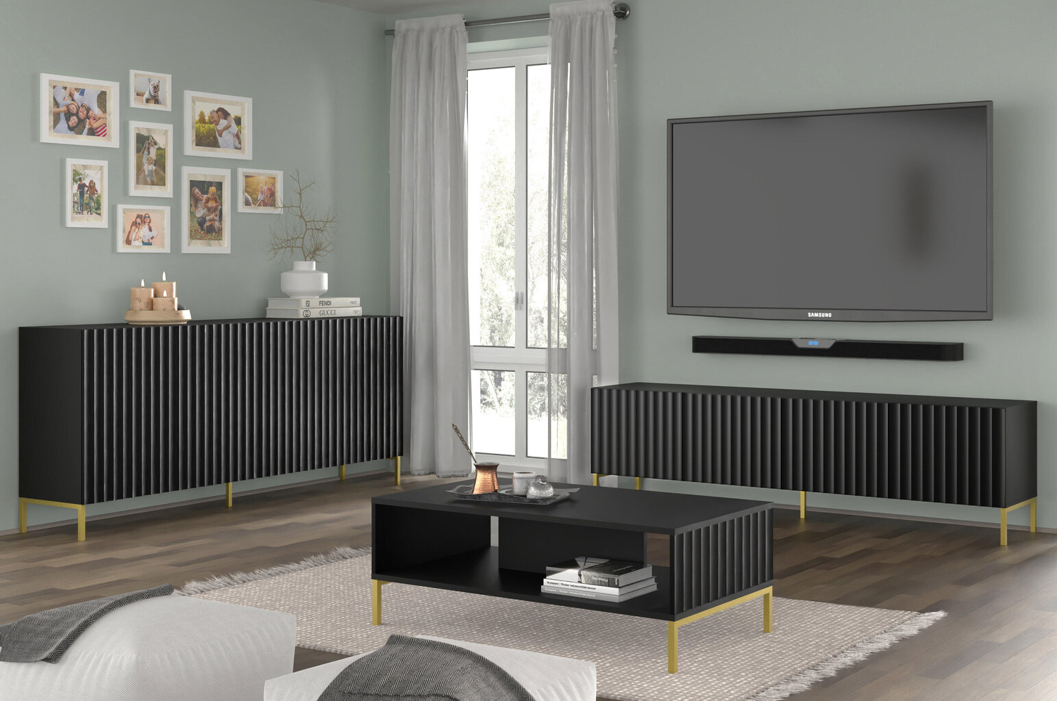 Tv-taso Wave FURNLUX CLASSIC, 200x42x56 cm, musta hinta ja tiedot | TV-tasot | hobbyhall.fi