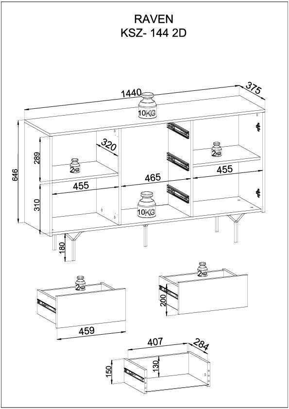 Senkki Raven FURNLUX CLASSIC, 144x38x83 cm, musta hinta ja tiedot | Olohuoneen kaapit ja lipastot | hobbyhall.fi