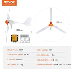 Vaaka-akselinen tuuligeneraattori Vevor 12V 800W hinta ja tiedot | Aggregaatit | hobbyhall.fi