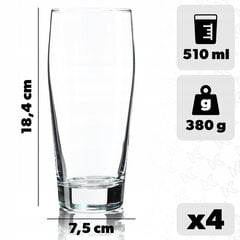 Olutmuki 510ml Glass Tall Glass Mukisarja 4 kpl hinta ja tiedot | Lasit, mukit ja kannut | hobbyhall.fi