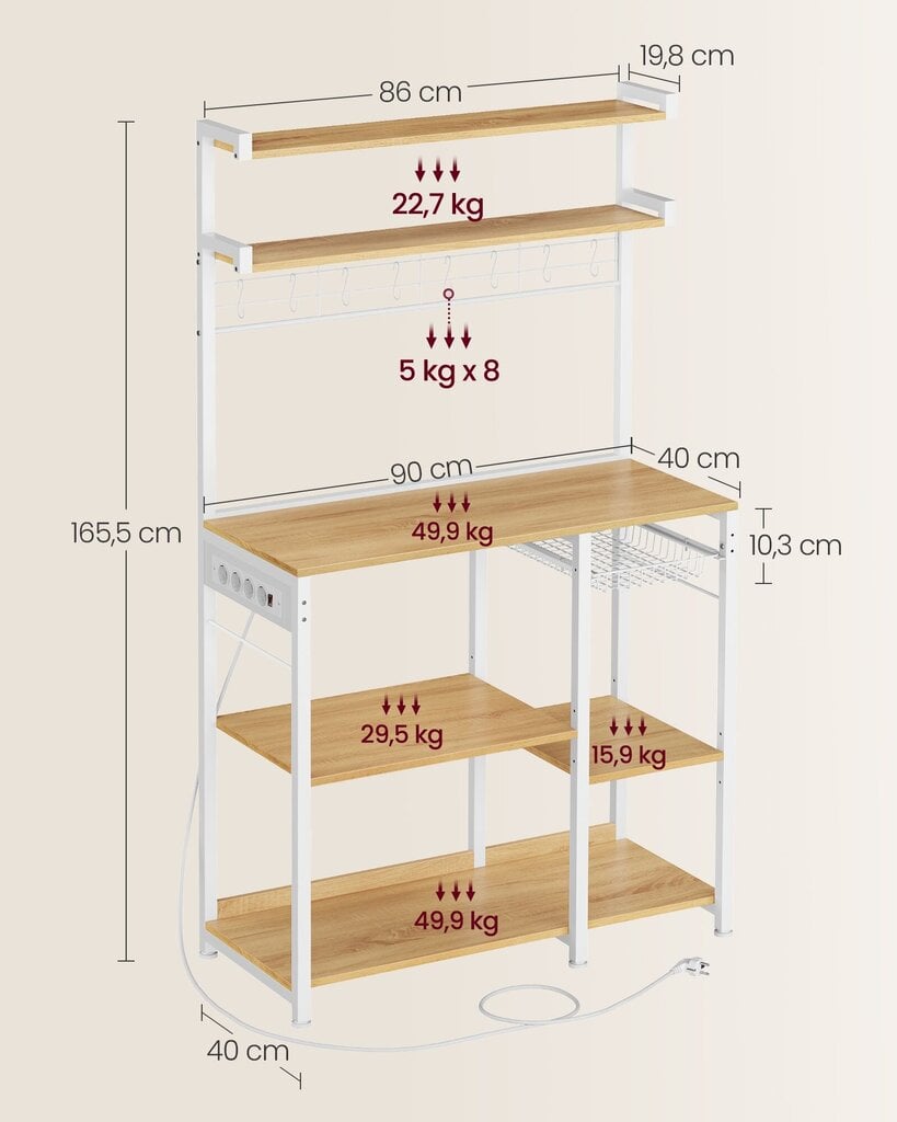 Songmics keittiökaappi, 40 x 90 x 165,5 cm, valkoinen hinta ja tiedot | Työtasot | hobbyhall.fi