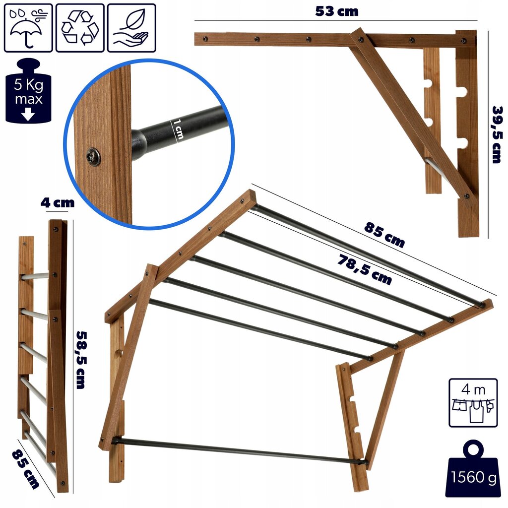 Puinen kylpyhuoneen pyykinkuivain 85 cm seinään kiinnitettävä hinta ja tiedot | Kuivaustelineet ja tarvikkeet | hobbyhall.fi