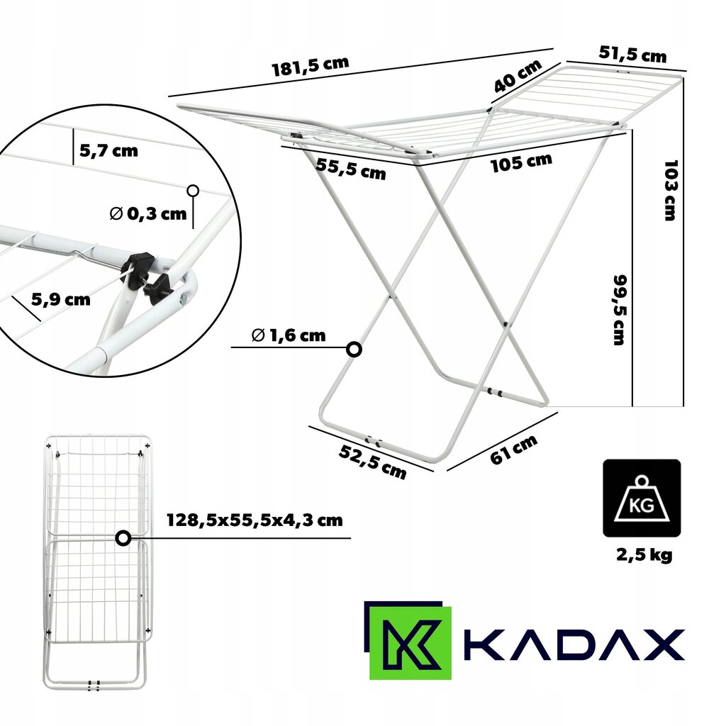 Pyykinkuivaaja Pysyvä vakaa 181 cm Vaatteet kokoontaitettava iso pyykki hinta ja tiedot | Kuivaustelineet ja tarvikkeet | hobbyhall.fi