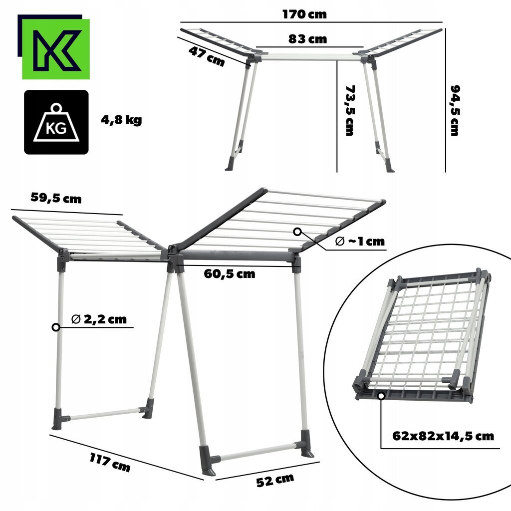 Parveke pyykinkuivaaja seisomassa 170 cm vaatteille, kokoontaitettava pyykinpesua varten hinta ja tiedot | Kuivaustelineet ja tarvikkeet | hobbyhall.fi