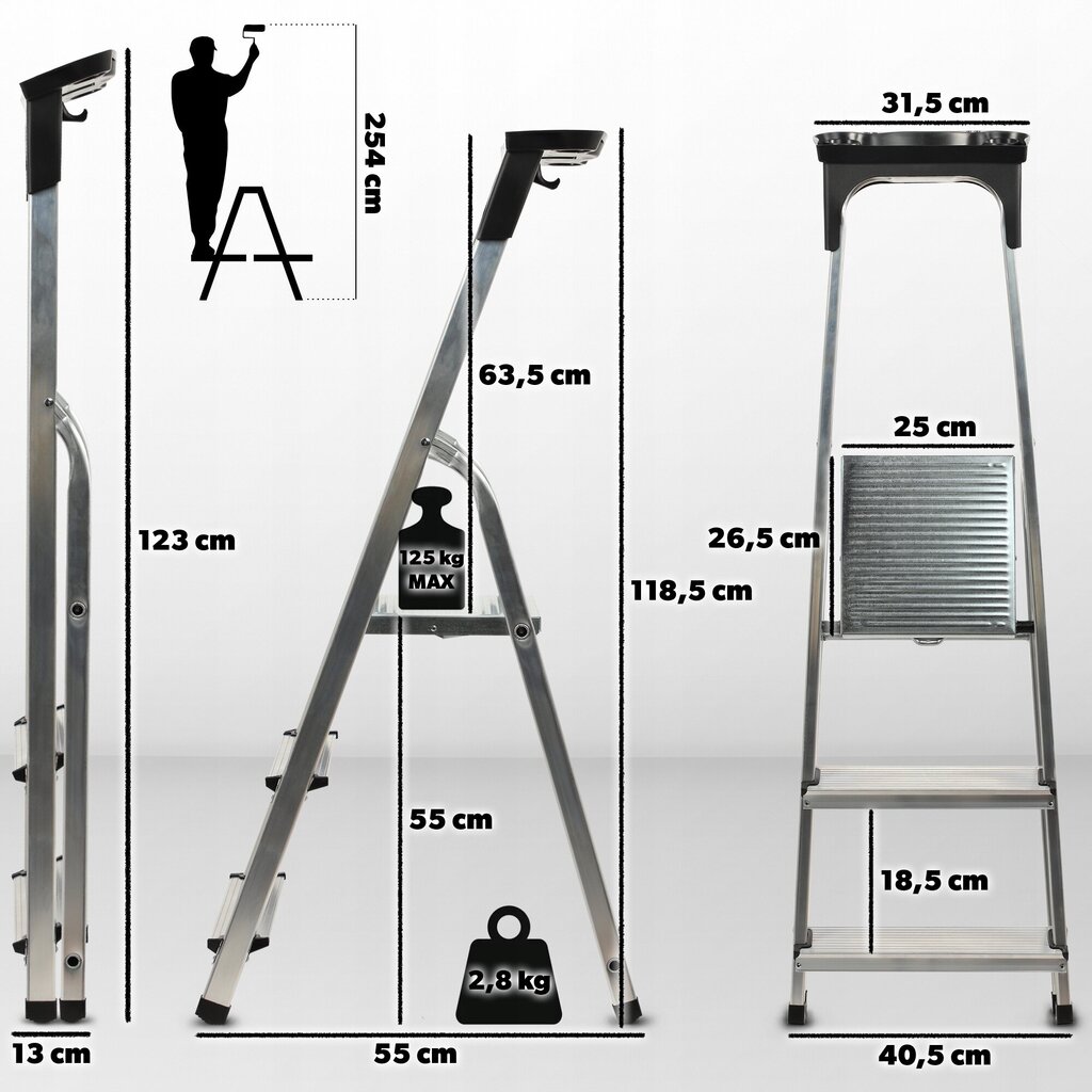 Alumiiniset kotitikkaat 3 askelmaa 125kg kokoontaitettava hylly + koukku hinta ja tiedot | Tikkaat | hobbyhall.fi