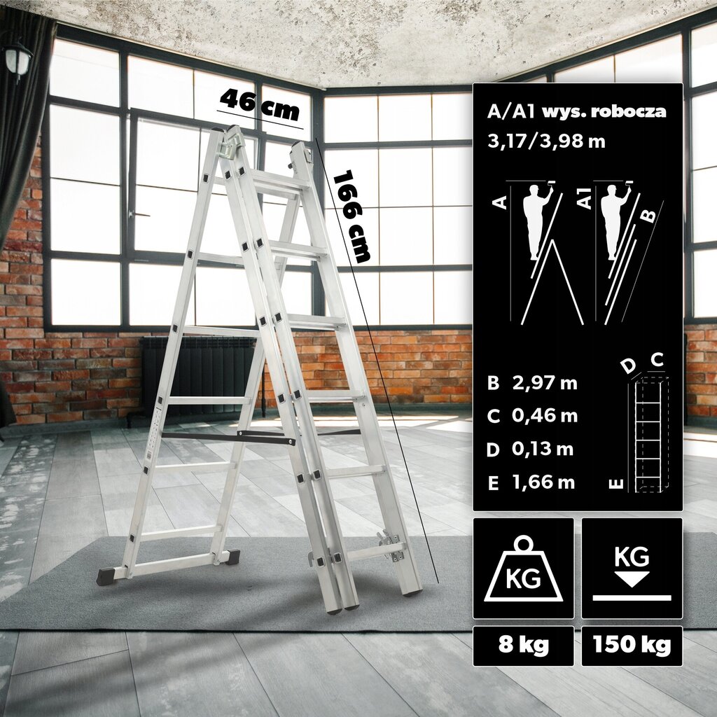 Universaalit alumiinitikkaat 3x6, taitettavat, kaksipuoliset, vahvat + koukku hinta ja tiedot | Tikkaat | hobbyhall.fi