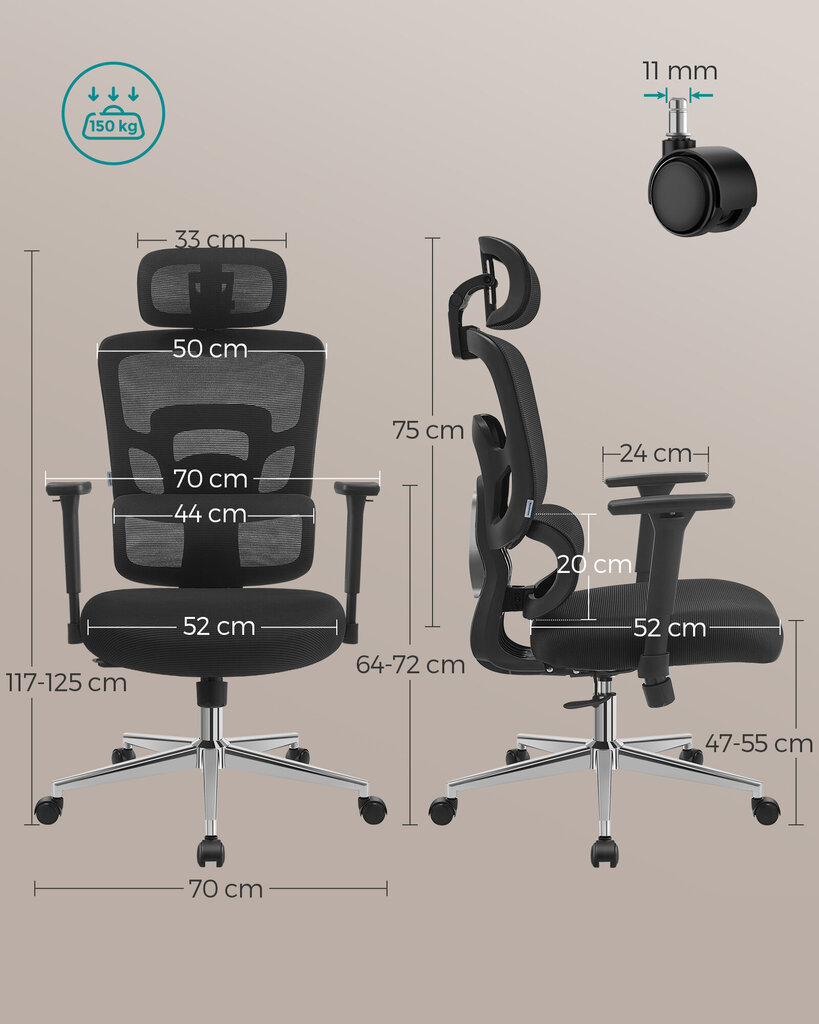 Työtuoli Songmics, 70x70x125 cm, musta hinta ja tiedot | Toimistotuolit | hobbyhall.fi