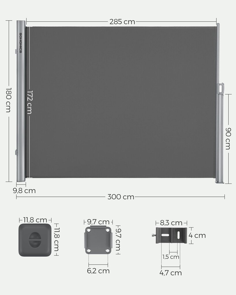 Päivävarjo Songmics, 180x300 cm, harmaa hinta ja tiedot | Aurinkovarjot ja markiisit | hobbyhall.fi