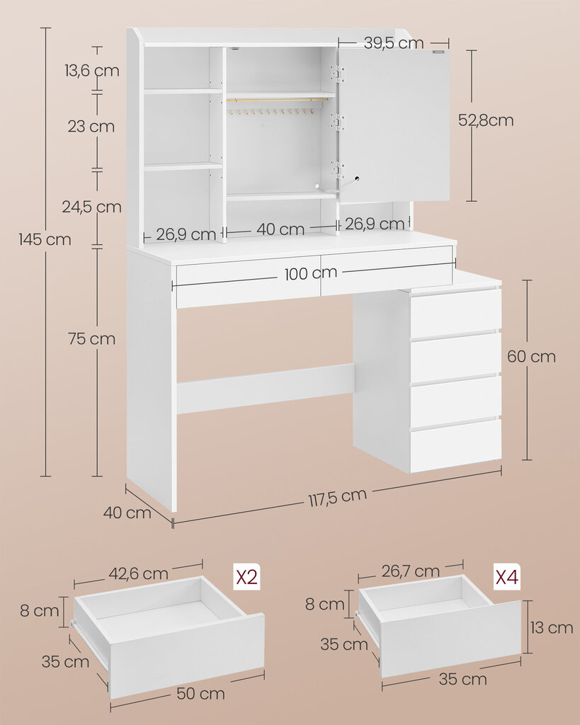 Peilipöytä Songmics, 145x40x117,5 cm, valkoinen hinta ja tiedot | Peilipöydät | hobbyhall.fi