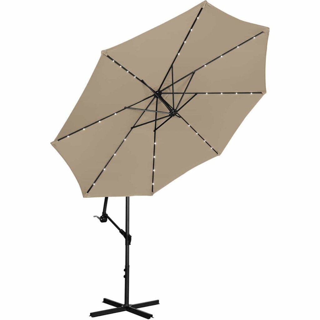 Puutarhasateenvarjo kallistuksella ja LED-valaistuksella, Uniprodo UNI_UMBRELLA_R300TAL_N1, valaistuksella, 300 cm. halkaisija, harmaanruskea hinta ja tiedot | Aurinkovarjot ja markiisit | hobbyhall.fi