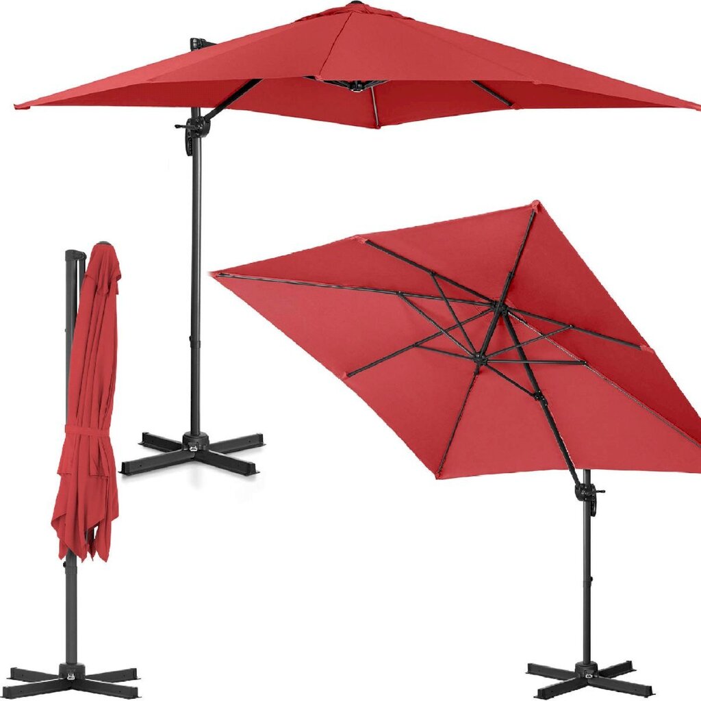 Nelikulmainen puutarhasateenvarjo sivukannattimella, Uniprodo UNI_UMBRELLA_2SQ250BL1, 250 cm. x 250 cm., viininpunainen hinta ja tiedot | Aurinkovarjot ja markiisit | hobbyhall.fi