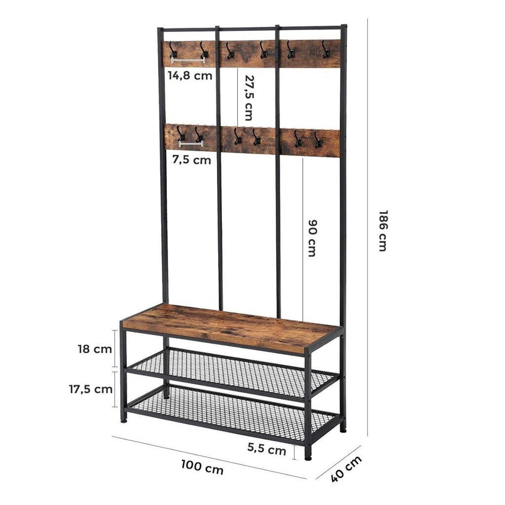 Vaatehylly, hylly, jossa on lisäkaappi ja kenkähylly, 100 cm. x 40 cm. x 186 cm, ruskea hinta ja tiedot | Vaateripustimet ja pukupussit | hobbyhall.fi