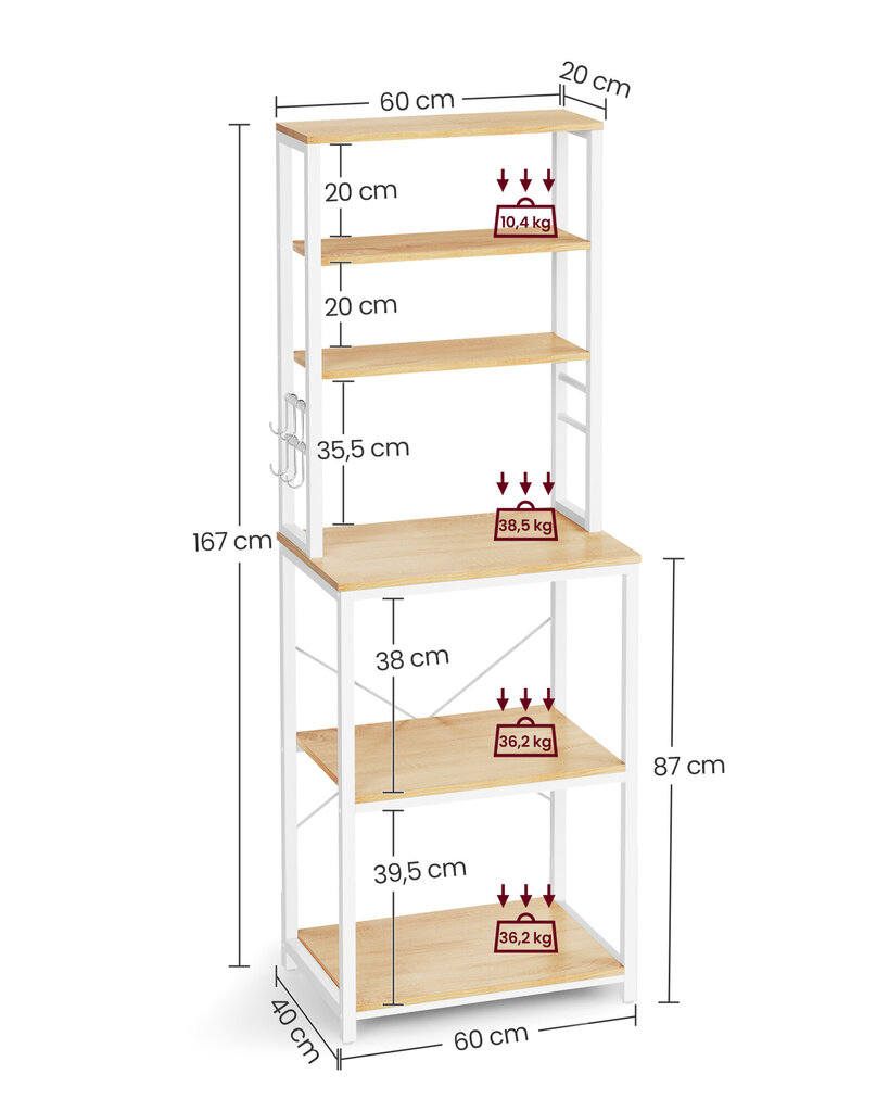 Keittiön hylly, 40x60x167 cm, valkoinen hinta ja tiedot | Työtasot | hobbyhall.fi