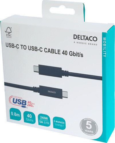 Deltaco USB4 gen3/USB-C - USB-C/5A EPR, 0.8 m hinta ja tiedot | Kaapelit ja adapterit | hobbyhall.fi