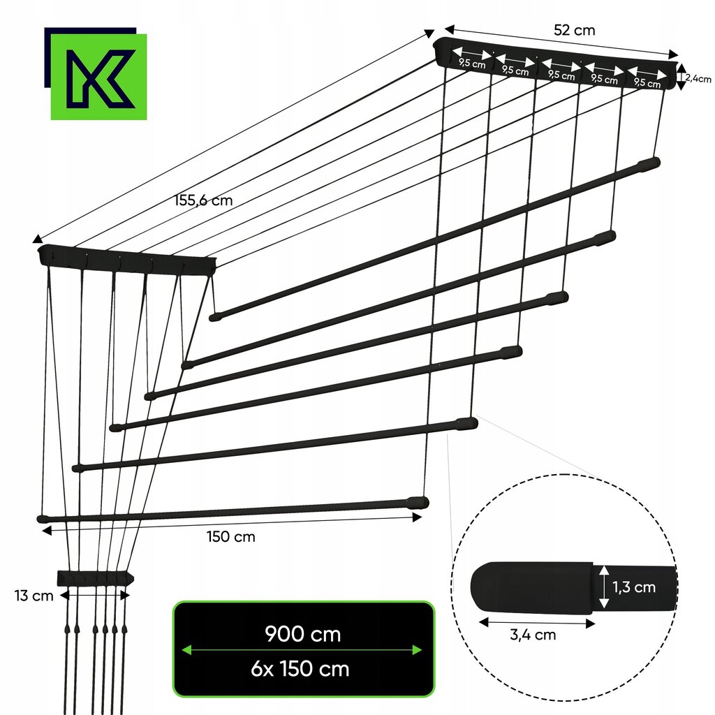 Kattokuivausrumpu, 6 baaria, kylpyhuoneen parveke, 150 cm hinta ja tiedot | Kuivaustelineet ja tarvikkeet | hobbyhall.fi