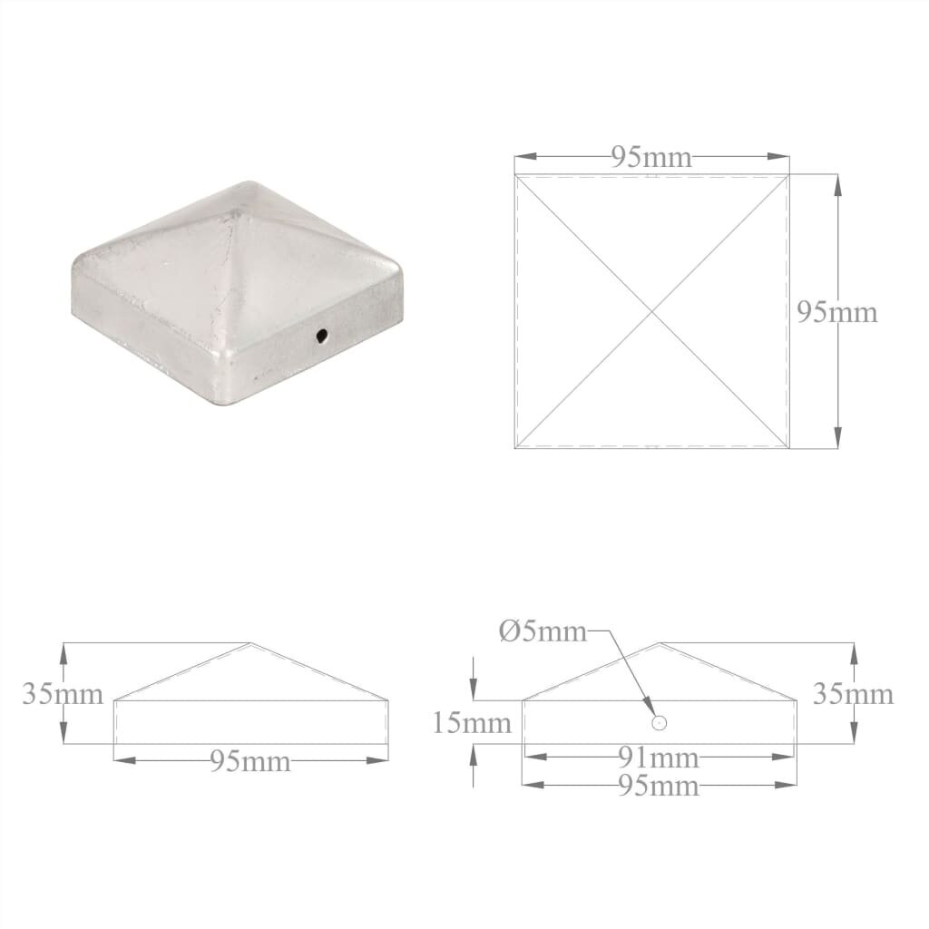 Aitatolppahatut, 6 kpl, 91x91mm, galvanoitu metalli hinta ja tiedot | Aidat ja tarvikkeet | hobbyhall.fi