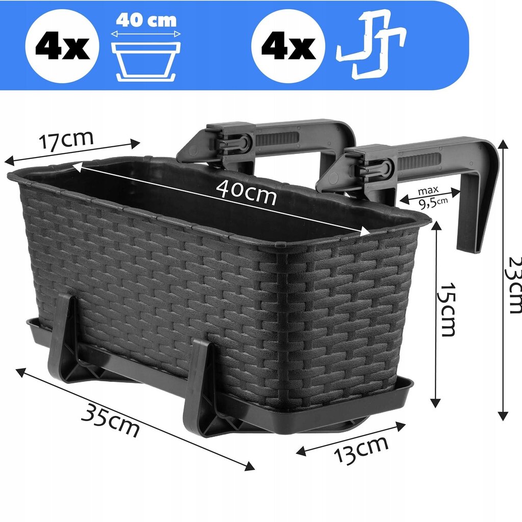 4x Parvekelaatikko 40cm Antrasiittikahvat hinta ja tiedot | Kukkalaatikot | hobbyhall.fi