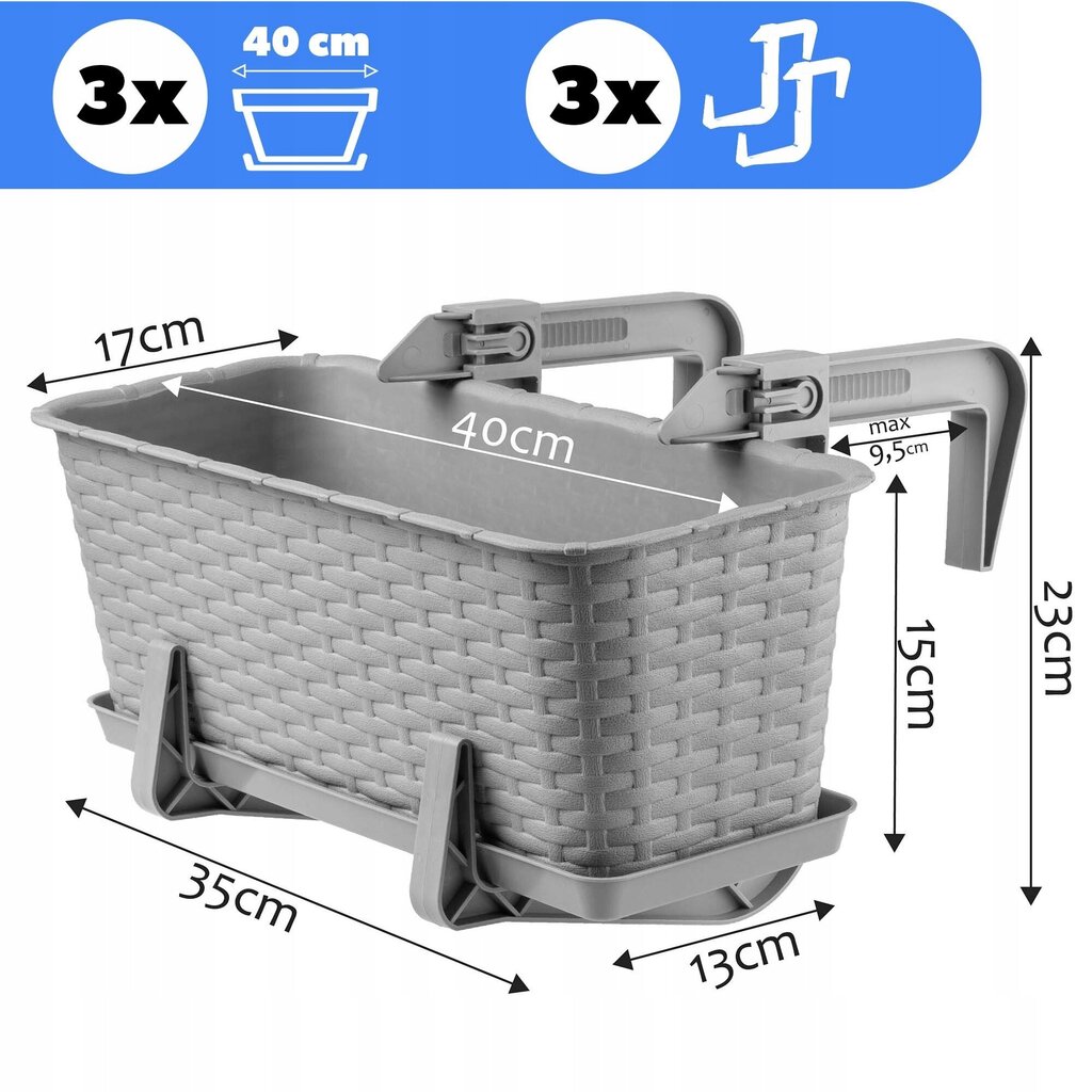 3x Parvekelaatikko 40cm + Kahvat harmaat hinta ja tiedot | Kukkalaatikot | hobbyhall.fi