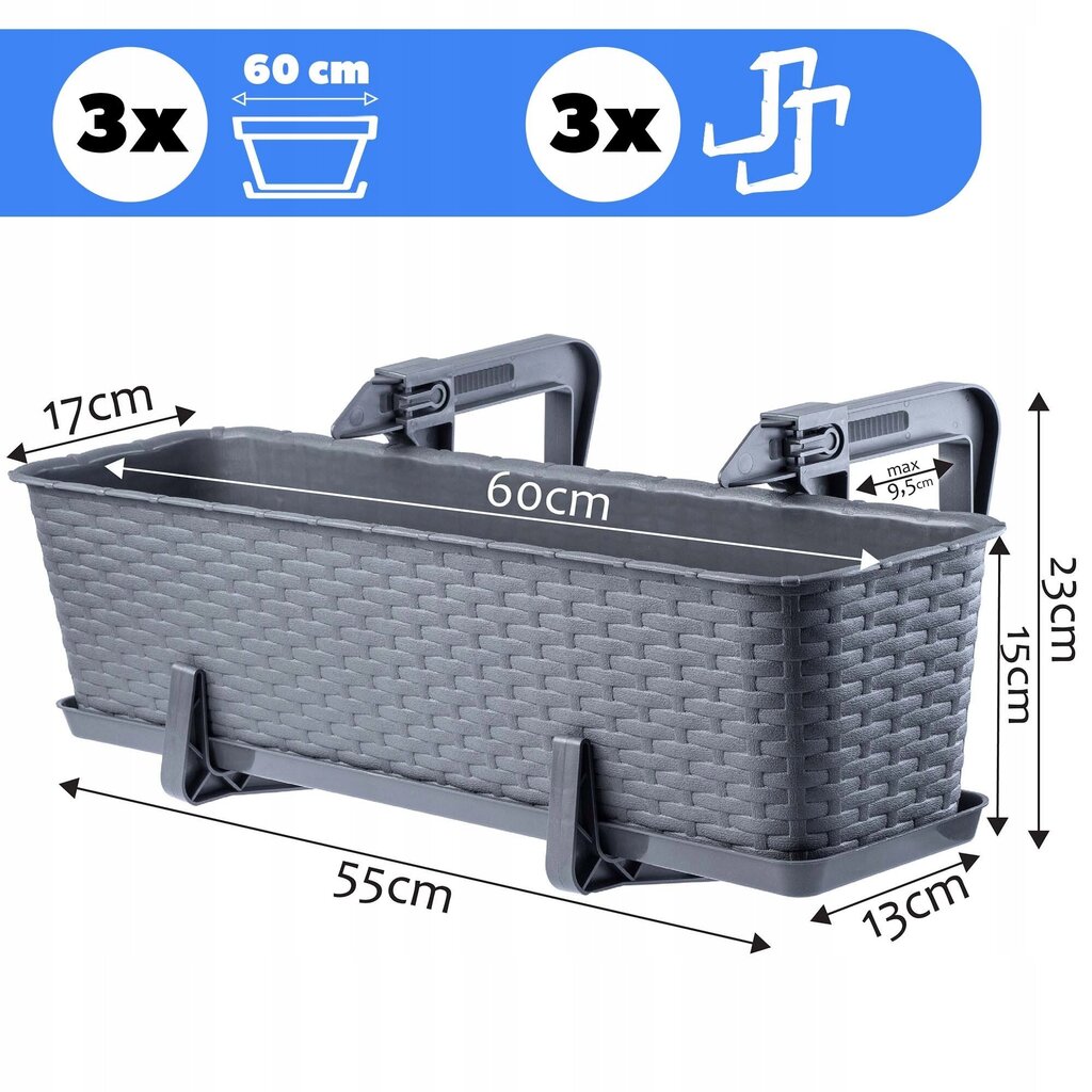 3x Parvekelaatikko 60cm Grafiittikahvat hinta ja tiedot | Kukkalaatikot | hobbyhall.fi