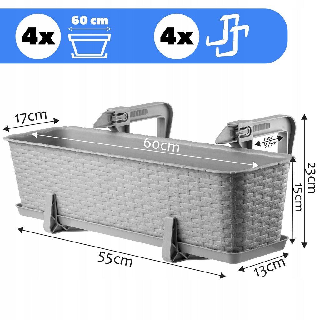 4x Parvekelaatikko 60cm + Kahvat Harmaa hinta ja tiedot | Kukkalaatikot | hobbyhall.fi