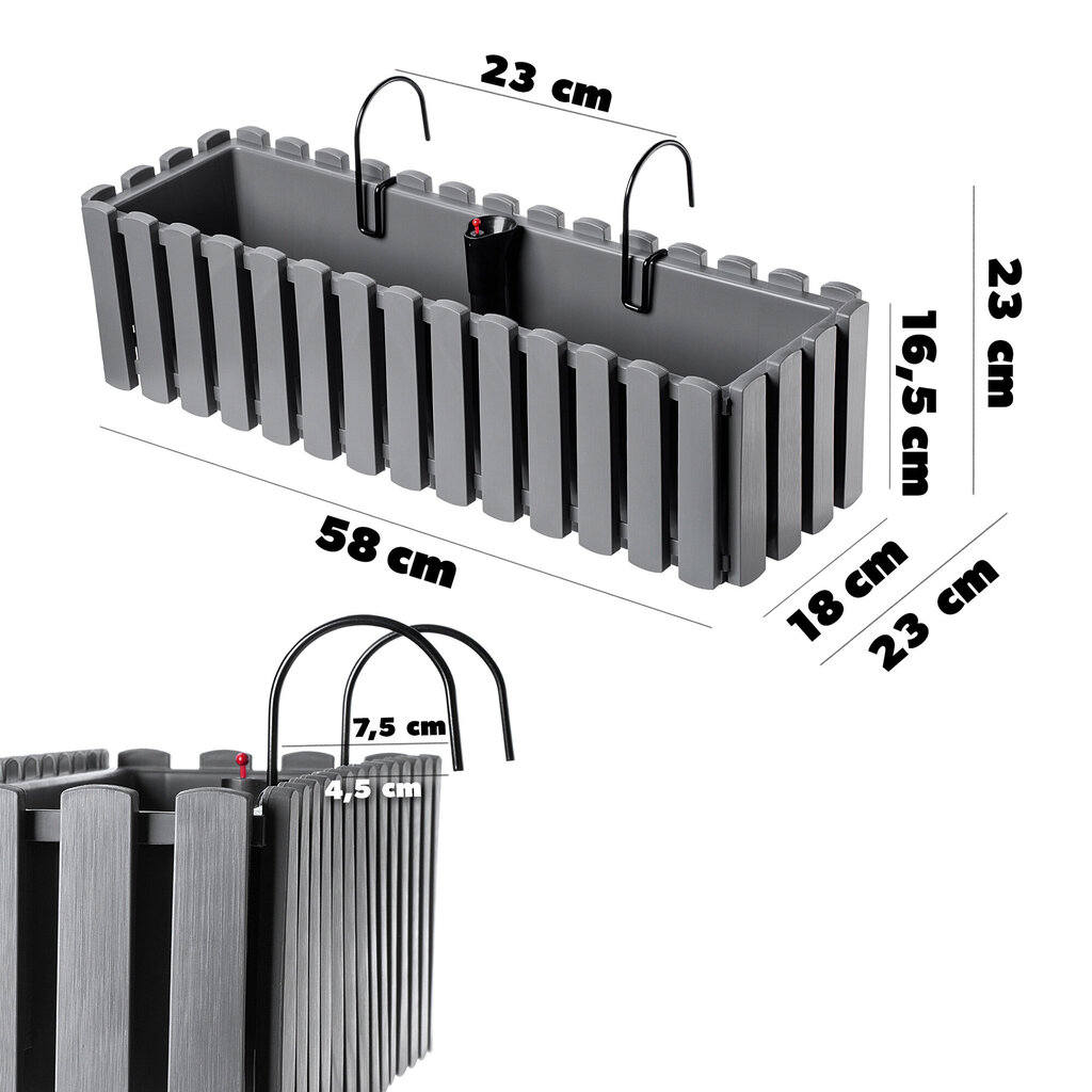 Parvekelaatikko 58cm + 2 kahvaa harmaa hinta ja tiedot | Kukkalaatikot | hobbyhall.fi