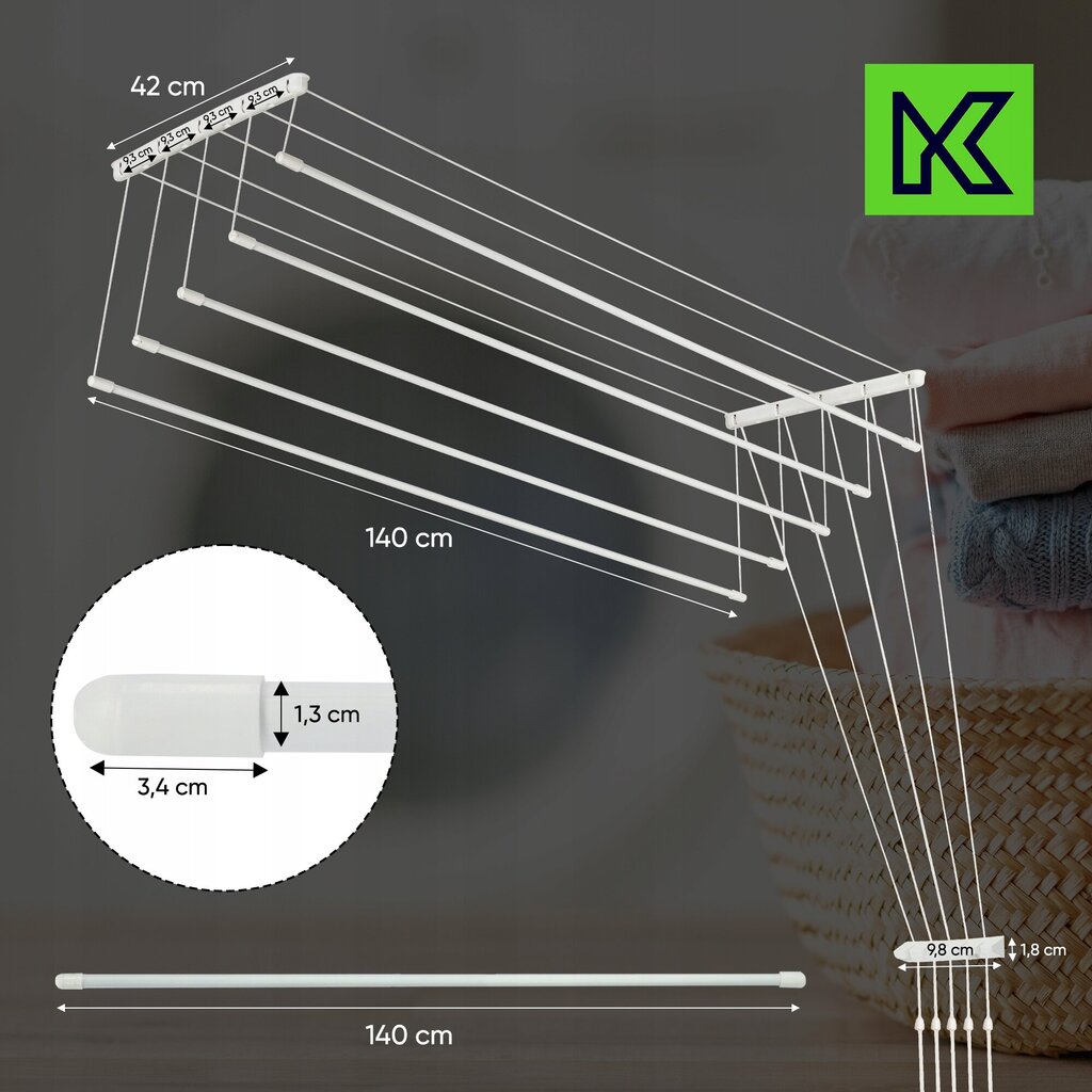 Katto kylpyhuoneen pyykinkuivain 5 sauvaa 140 cm kestävä kiinteä hinta ja tiedot | Kuivaustelineet ja tarvikkeet | hobbyhall.fi