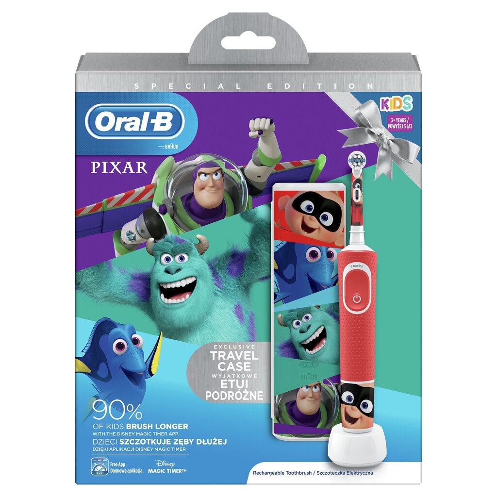 Braun Oral-B lasten sähköhammasharja D100.413.2KX PIXAR ajastin + matkakotelo, punainen hinta ja tiedot | Sähköhammasharjat | hobbyhall.fi